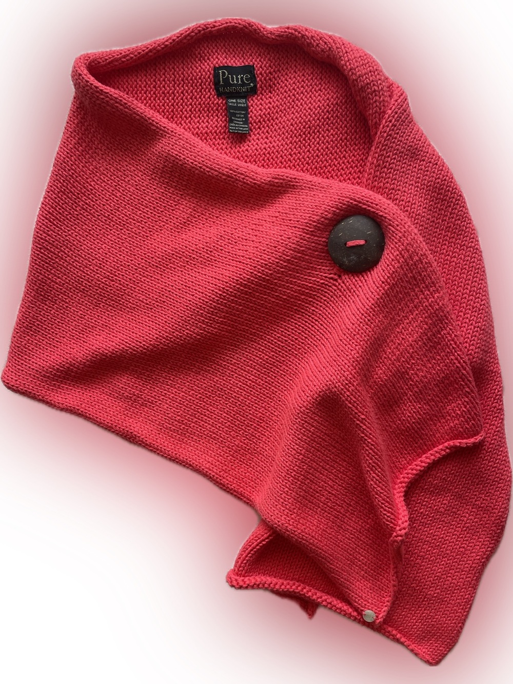 Pure Handknit Coral Knit Shawl with 3 Coconut Buttons for Asymmetrical Styling